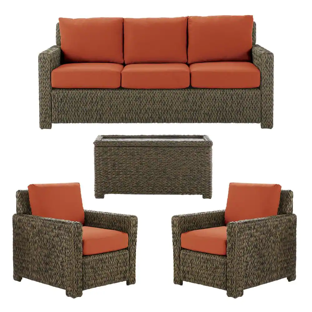 Hampton Bay Laguna Point 4-Piece Brown Wicker Outdoor Patio Deep Seating Set with CushionGuard Quarry Red Cushions