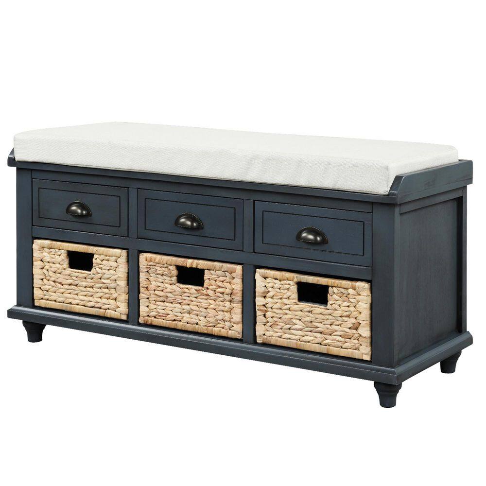 ZIRUWU 18.7 in. H x 15.4 in. W Antique Navy Wood Shoe Storage Bench