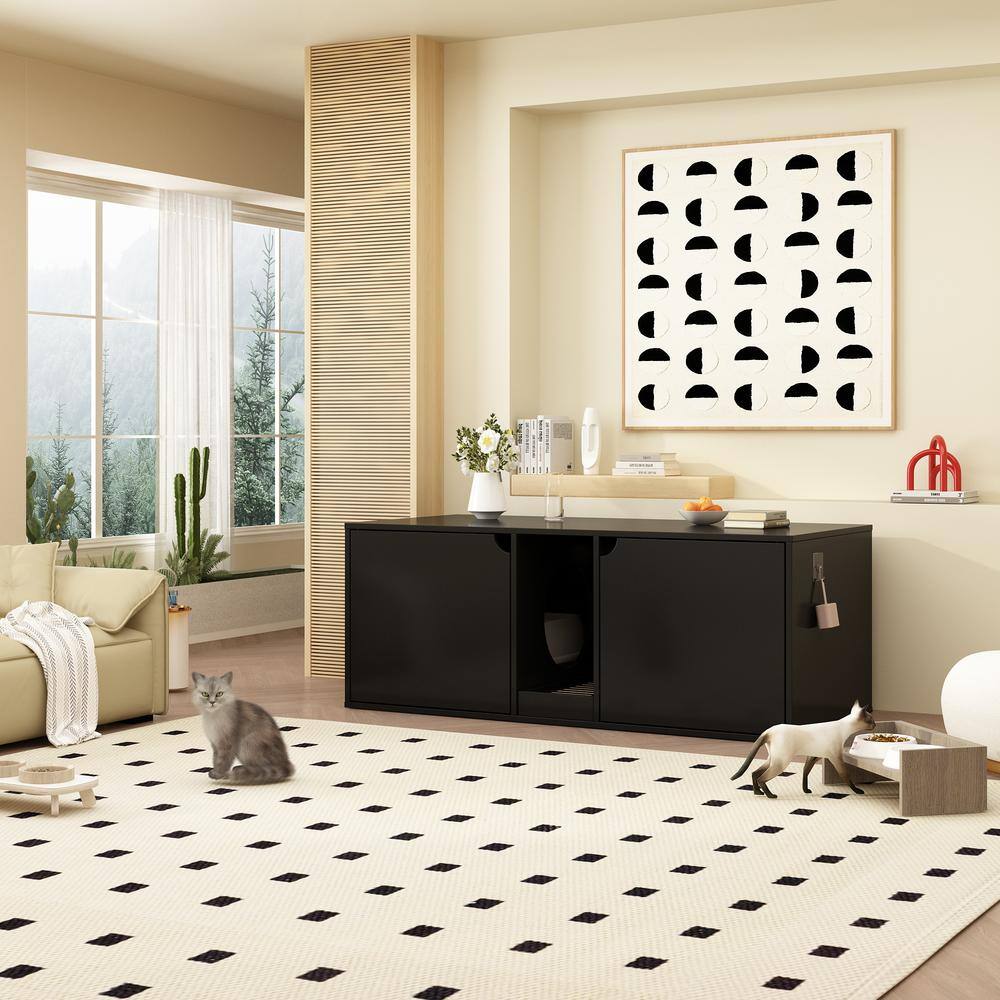 FUFU&GAGA Wooden Hidden Cat Litter Box Enclosure Furniture, Indoor Cat Washroom End Table with Double Room and Litter Catch, Black