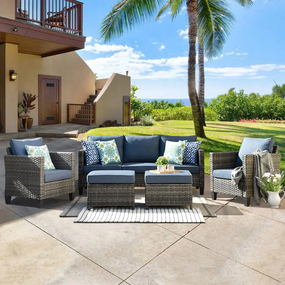 OVIOS New Vultros Gray 5-Piece Wicker Outdoor Patio Conversation Seating Set with Blue Cushions