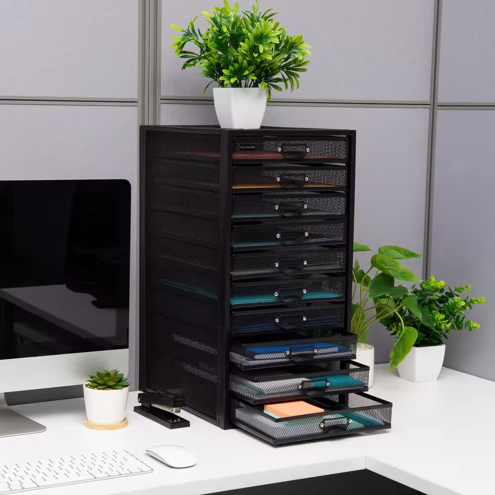 Mind Reader 10 Compartments Mesh Desk Organizer with Drawers, Black