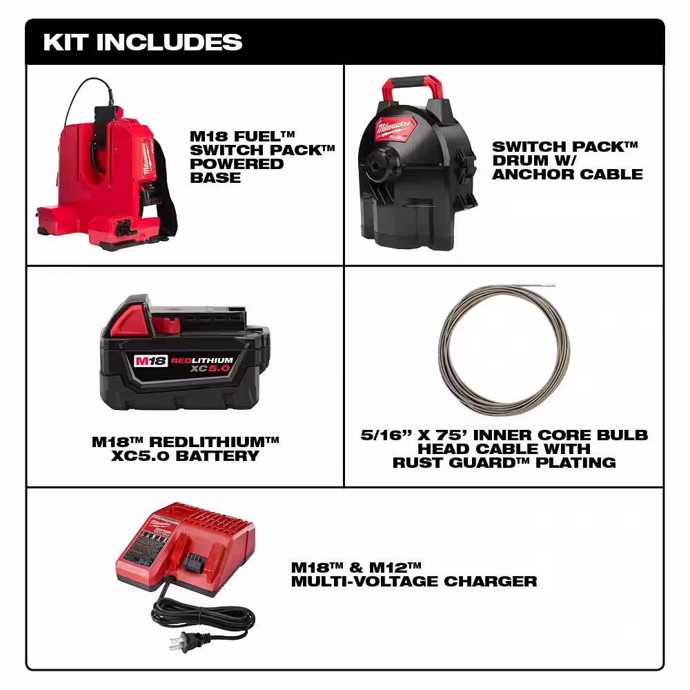 Milwaukee M18 Fuel Cordless Drain Cleaning 5/16 in. Switch Pack Sectional Drum System Kit 5/16 in. x 75 ft. Cable and Drum