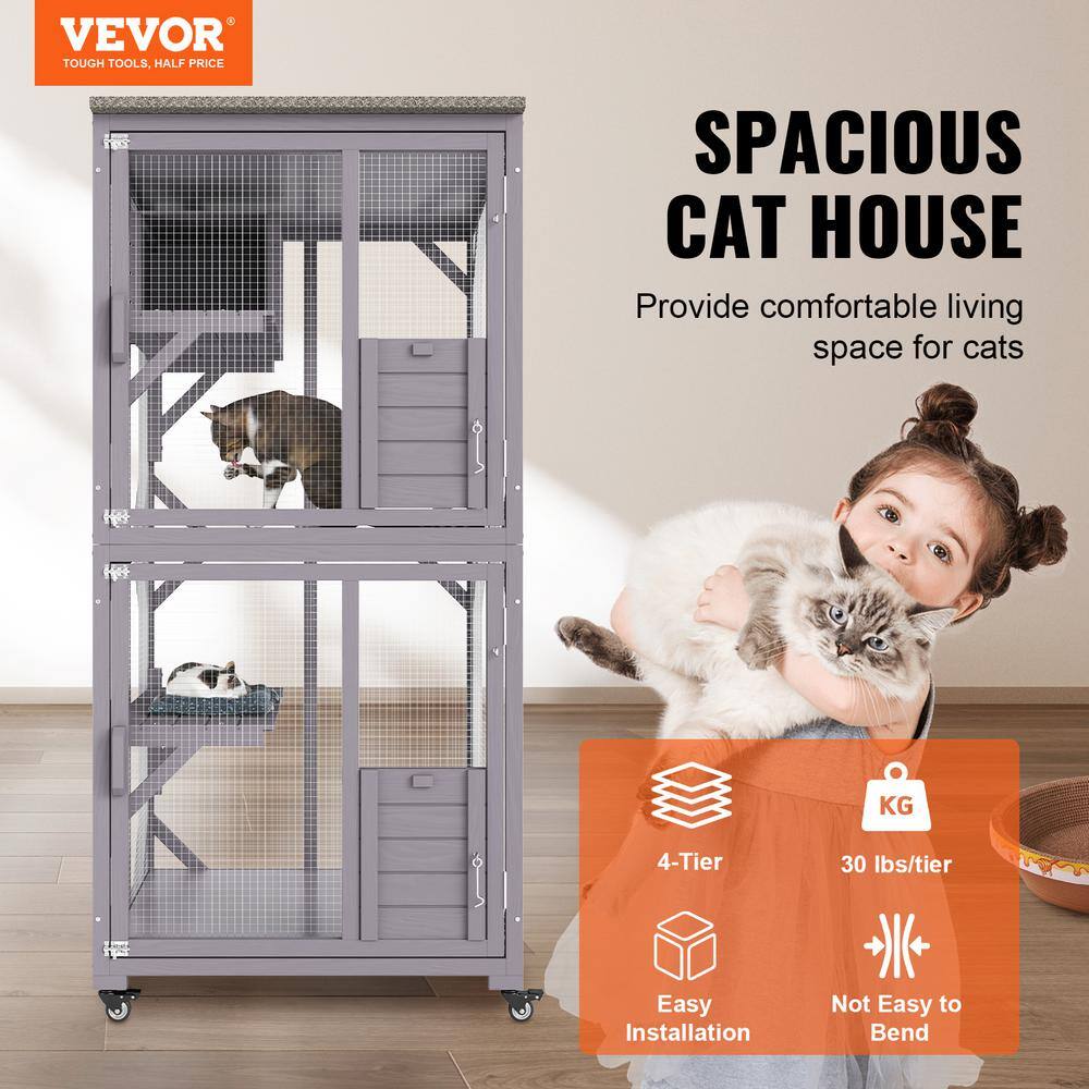 VEVOR Cat House 29.9 in. x 34 in. x 64.1 in. Outdoor 3-Tier Large Catio Cat Enclosure with 360Â° Rotating Casters