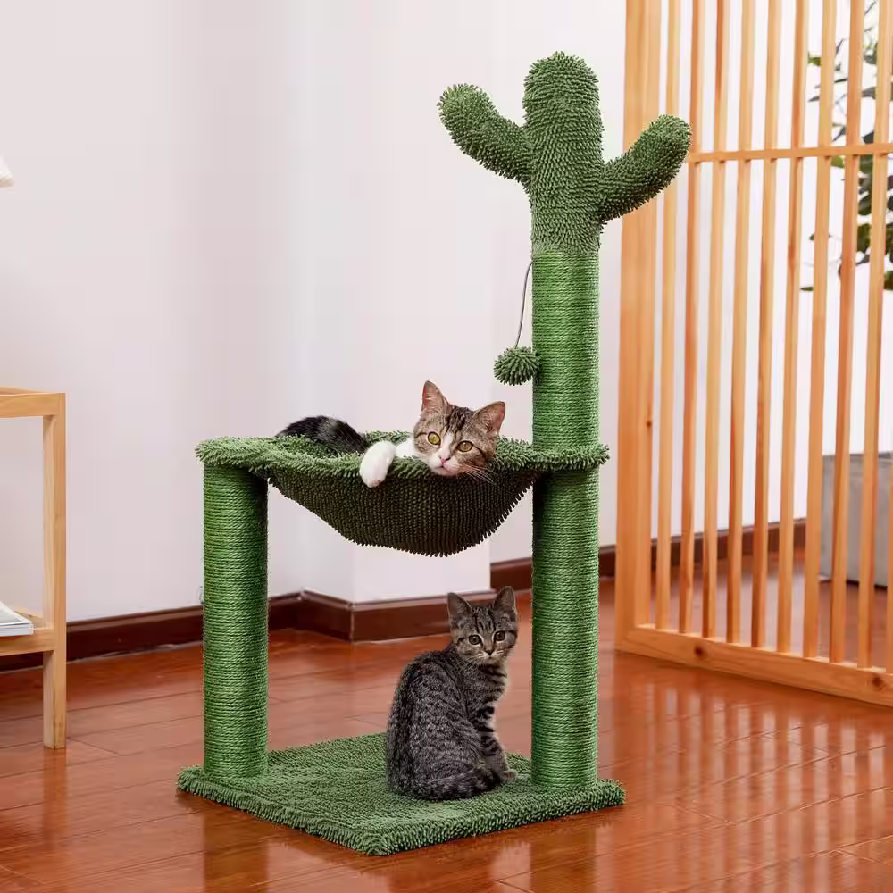 None 36.9 in. H Cat Tree Cat Scratching Post with Hammock Play Tower in Green