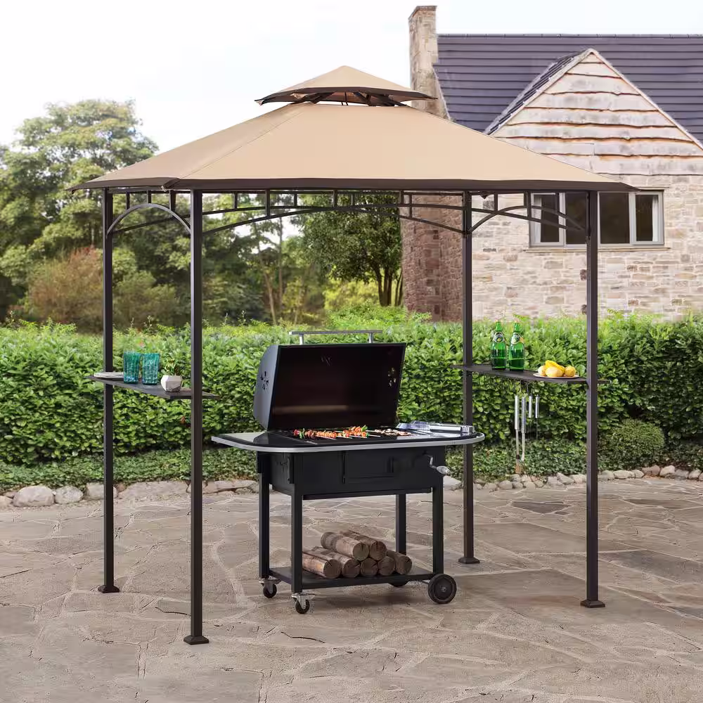 Sunjoy 8 ft. x 5 ft. Brown Steel 2-Tier Grill Gazebo with Tan and Brown Canopy