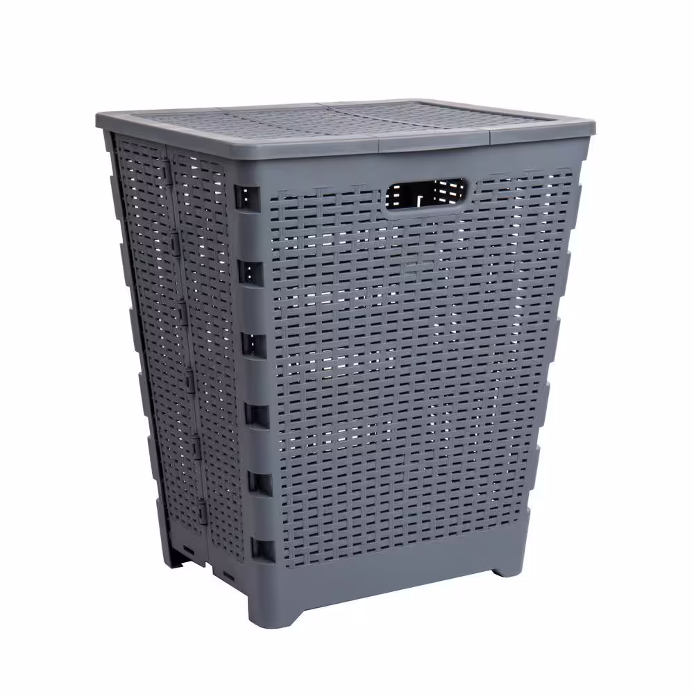 Mind Reader Basket Collection, Foldable Laundry Hamper, 61 Liter (15g/33lbs) Capacity, Cut Out Handles, Attached Hinged Lid, Gray