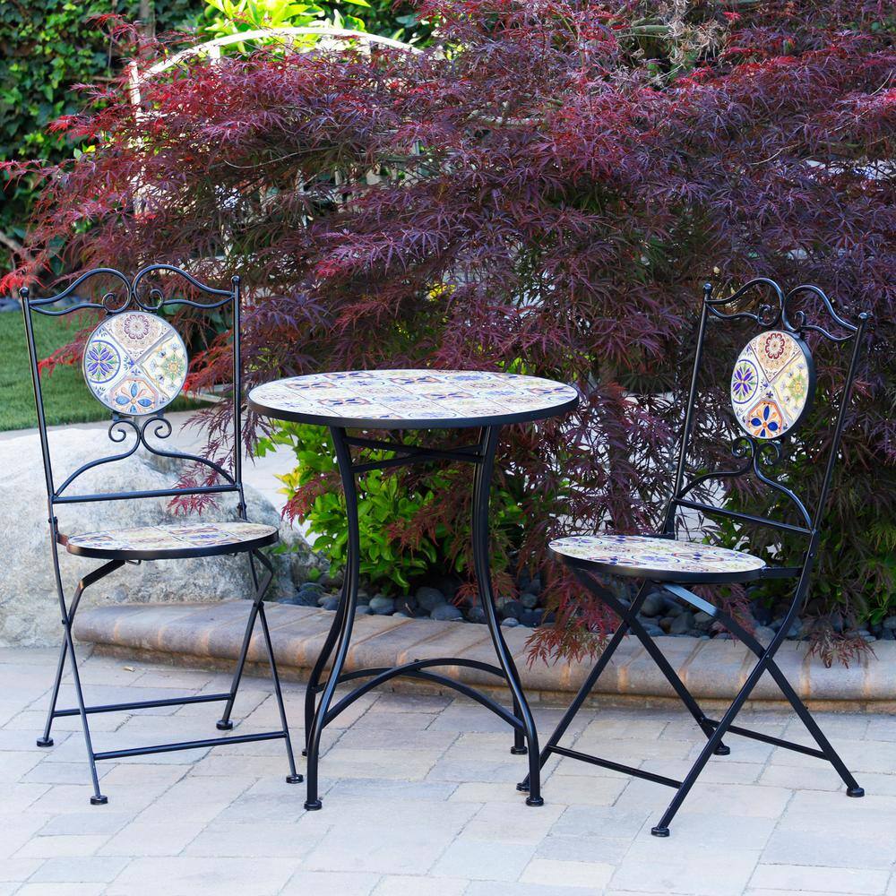 None Indoor/Outdoor Mediterranean Tile Design Set Table and Chairs Patio Seating