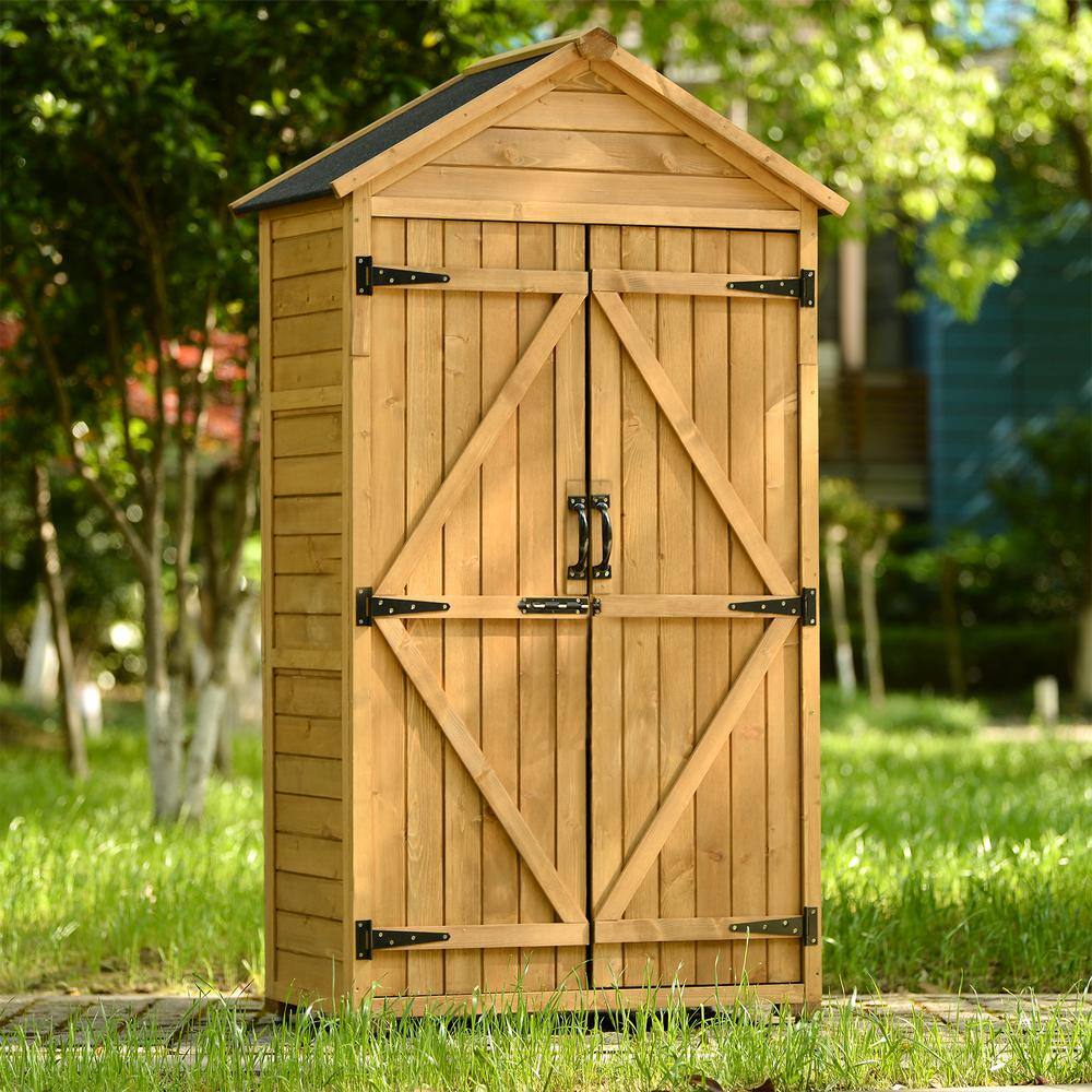BTMWAY Natural 3 ft. W x 2 ft. D Wood Storage Shed with Double Door(5.5 sq.ft.)Lawn Outdoor Storage Cabinet with 3-Tier Shelves