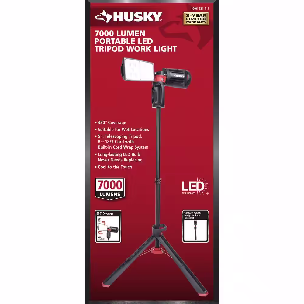Husky 7000 Lumens Portable Corded LED Work Light with Tripod