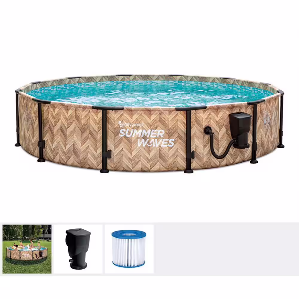 Summer Waves Elite 12 ft. x 30 in. Light Oak Round Above Ground Swimming Pool with Pump