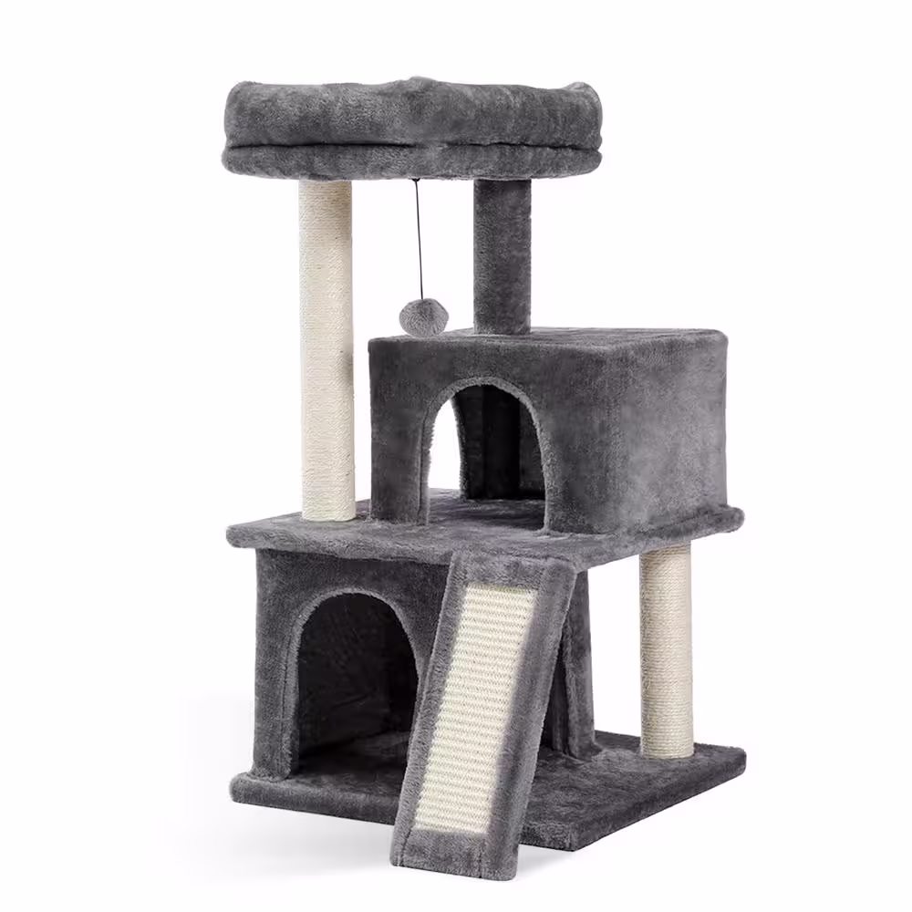 None 34 in. H Gray Cat Tree Cat Tower Double Condos Spacious Perch Wrapped Scratching Sisal Posts Replaceable Dangling Balls