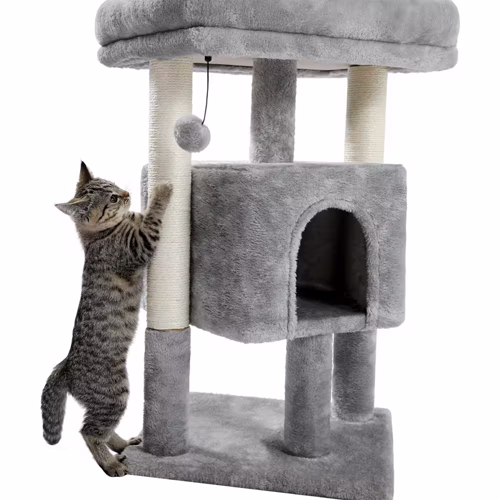 Foobrues 28.40 in. H Pet Cat Scratching Posts and Trees Cat Bed with Condos and Replaceable Dangling Balls in Gray