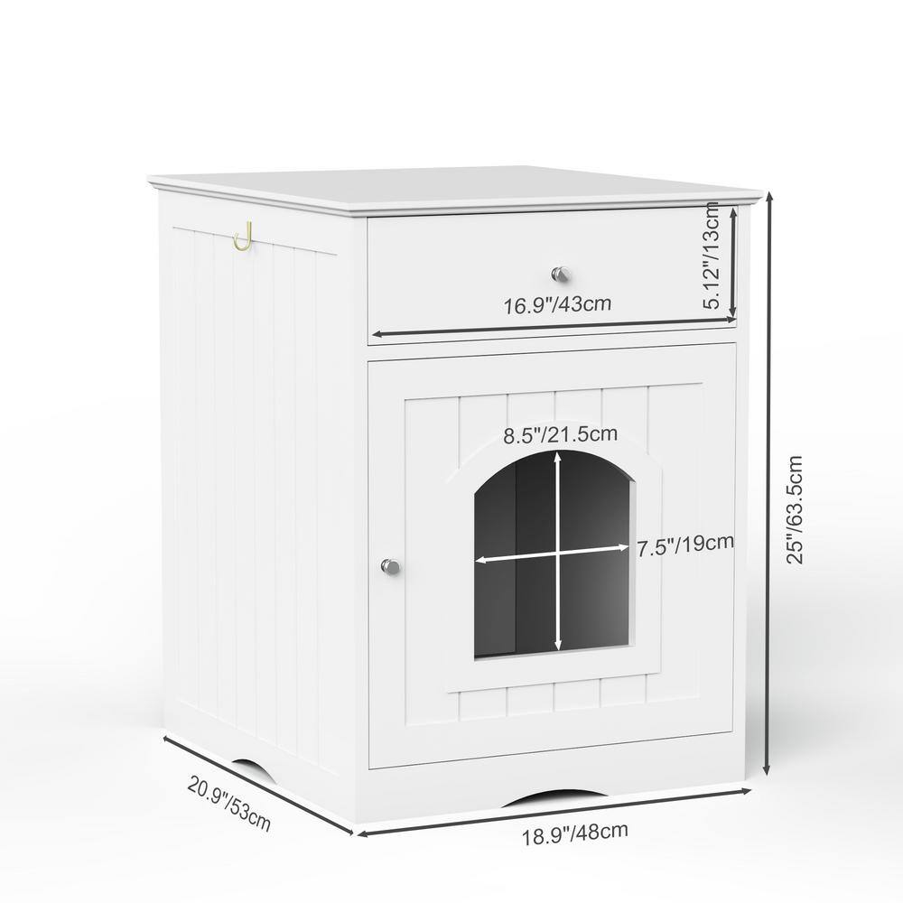None Wooden Pet House Cat Litter Box Enclosure with Drawer, Side Table, Indoor Pet Crate, Cat Home Nightstand, White