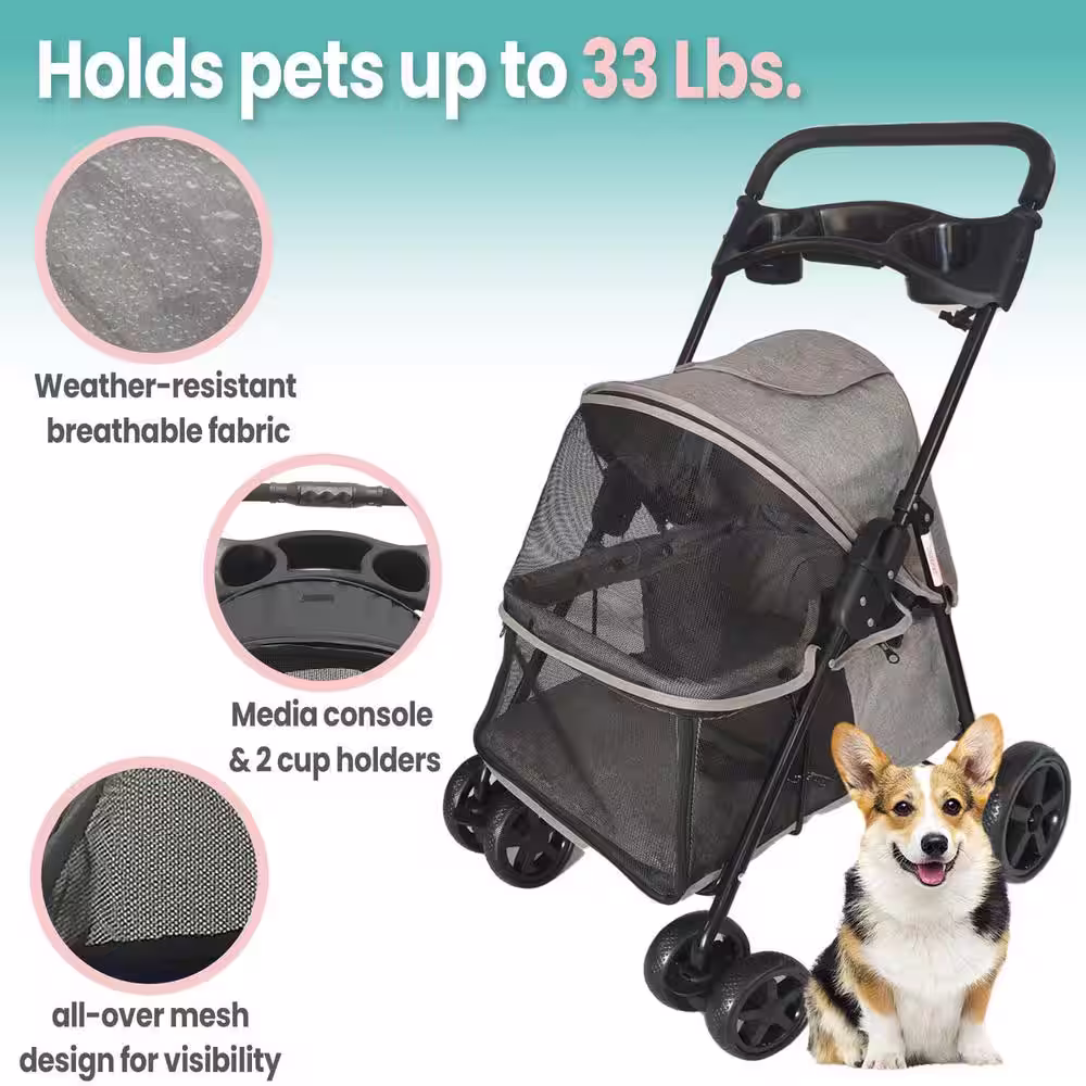 Critter Sitters Single 4 Wheel Pet Stroller with Storage Basket in Grey