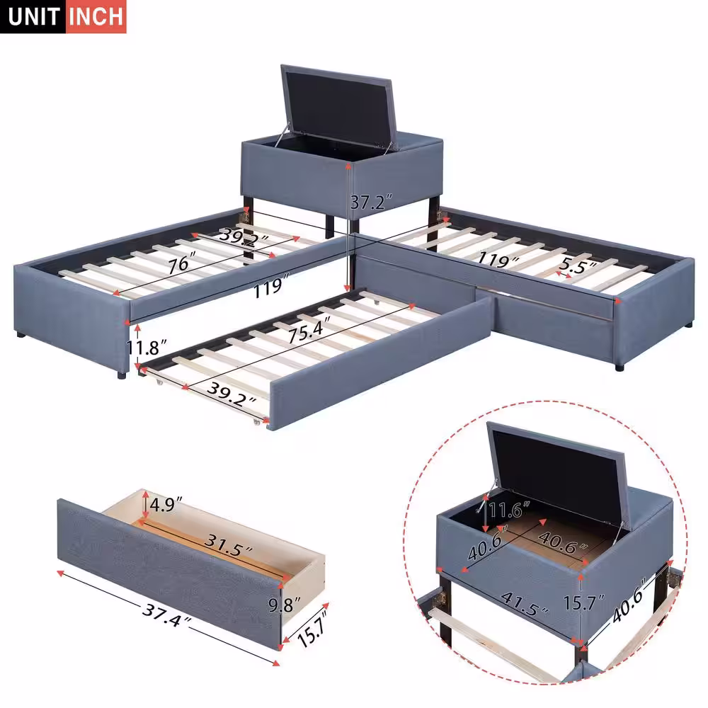 Harper & Bright Designs L-shaped Gray Wood Frame Twin Size Upholstered Platform Bed with Trundle, 2 Drawers and Built-in Desk