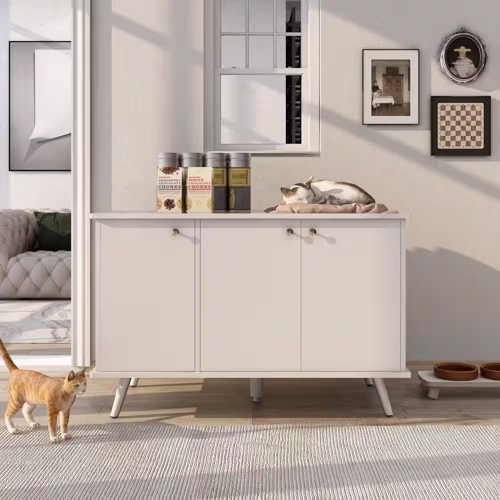 None 39.4 in. W Litter Box Enclosure Cat Litter Box Furniture with Hidden Plug 3 Doors Cat Washroom Storage Bench Side Table