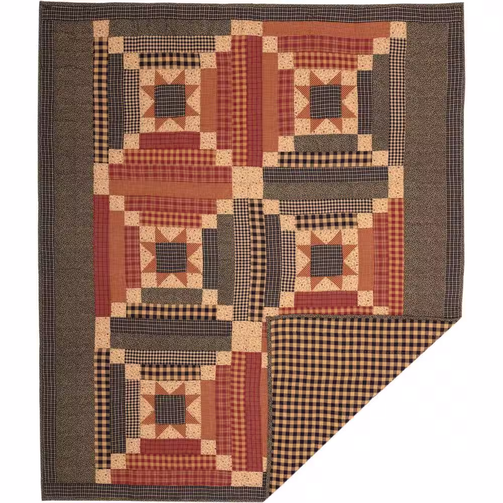 VHC BRANDS Maisie Tan Black Burgundy Primitive Quilted Cotton 60 in. x 50 in. Throw