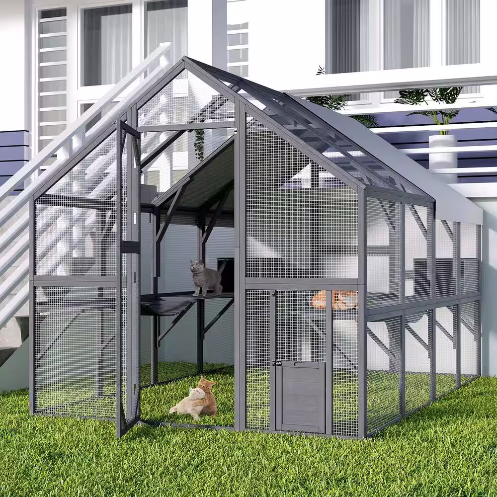 None 57.2sq.ft Large Wooden Outdoor Cat House, Cat Run Enclosure Walk in Cat Catio Kitten Condo with Enter Door, Roof Cover