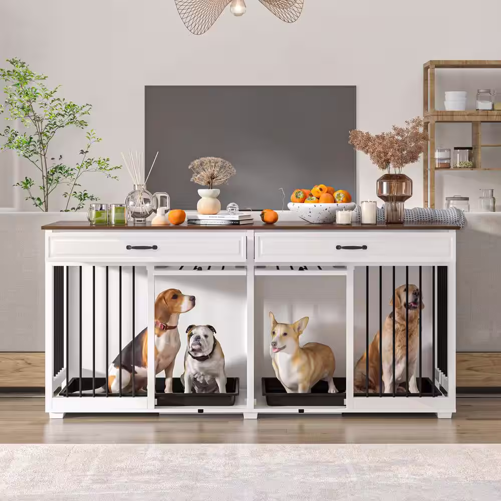 WIAWG Modern Large Dog Crate Furniture with 2 Drawers, Indestructible Dog Kennel with Trays Removable Irons for 2 Dogs, White