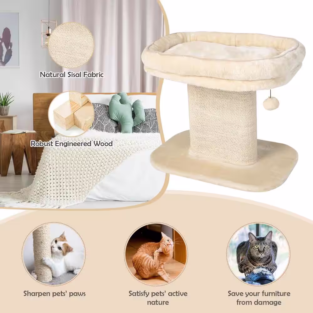 ANGELES HOME Beige Wood Modern Cat Tree Tower with Large Plush Perch and Sisal Scratching Plate
