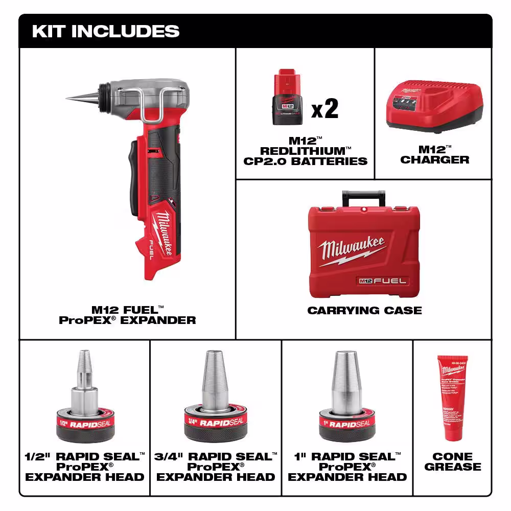 Milwaukee M12 FUEL Pro PEX Expansion Tool Kit with 1/2 in. to 1 in. ProPEX Expander Heads w/M12 1000 Lumens Rover LED Light