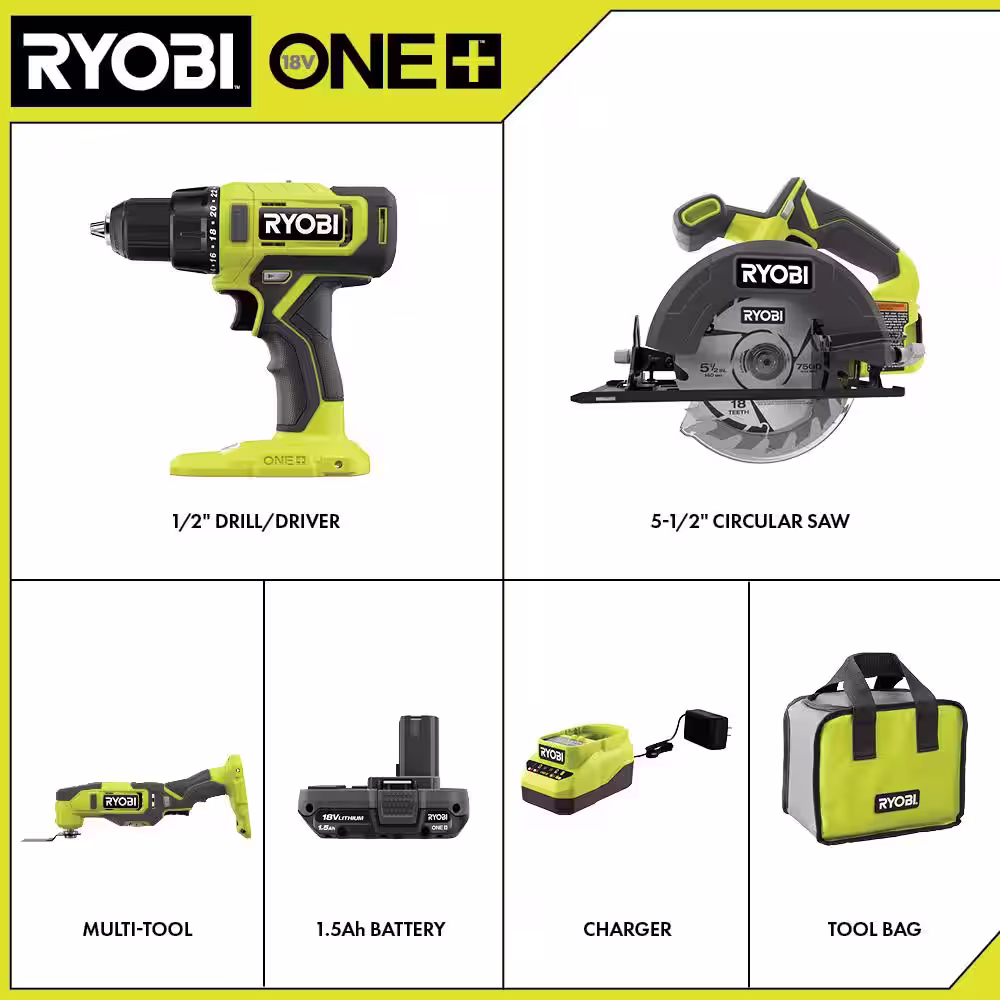RYOBI ONE+ 18V Cordless 2-Tool Combo Kit w/ Drill/Driver, Circular Saw, (2) 1.5 Ah Batteries, Charger, & FREE Multi-Tool