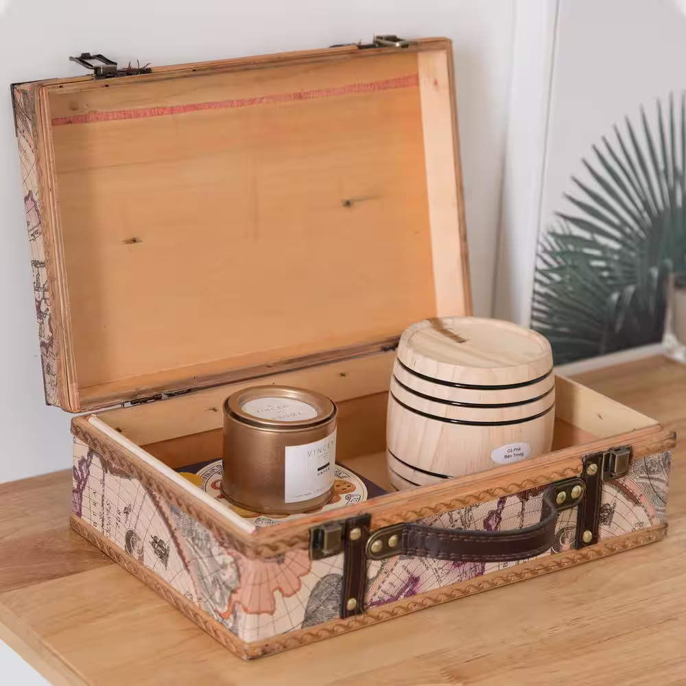Vintiquewise 13.8 in. x 8.8 in. x 5 in. Wood and Faux Leather Old World Map Suitcase