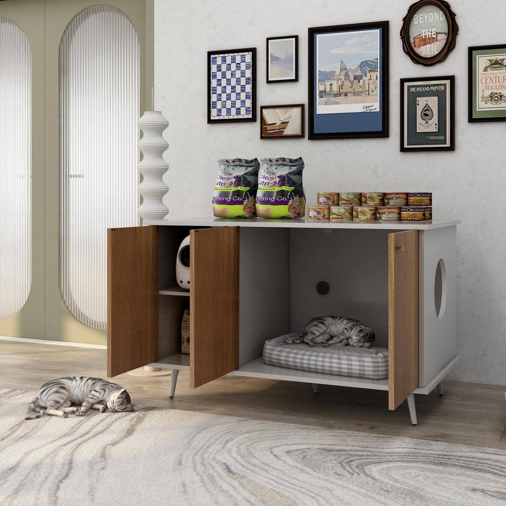 None 39.4 in. W Litter Box Enclosure Cat Litter Box Furniture with Hidden Plug 3 Doors Cat Washroom Storage Bench Side Table
