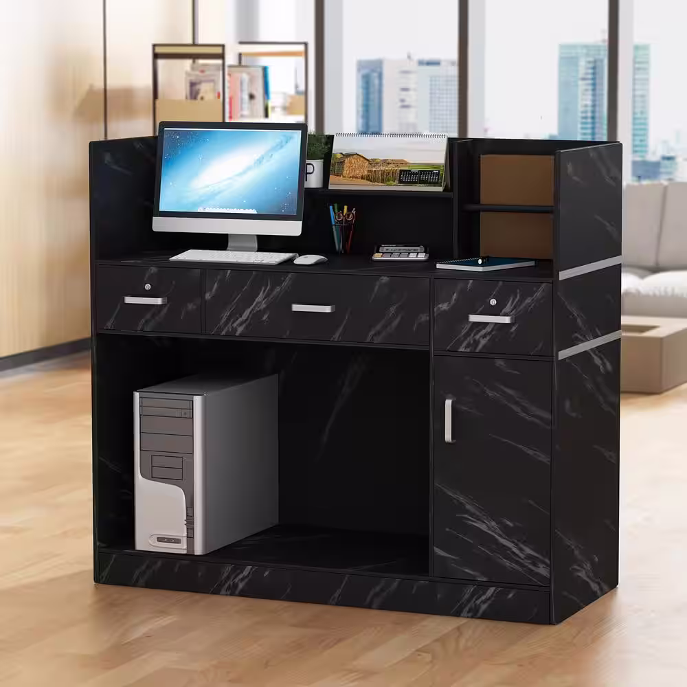FUFU&GAGA 47.2 in. Rectangle Black Wooden Console Table with 3-Drawers, Cabinet and Shelves Side Table for Entryway Hallway
