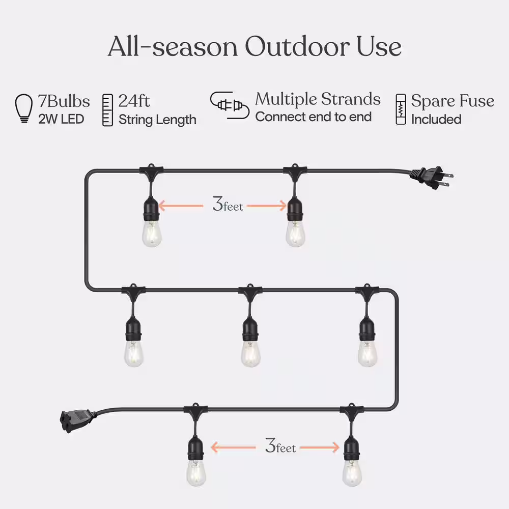 Brightech Ambience Pro 7-Light 24 ft. Outdoor Plug-in 2W 2500k LED S14 Hanging Edison Bulb String-Light