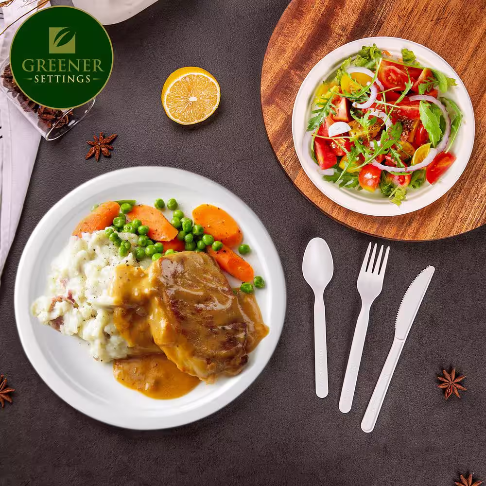 None 10/7 in. White Compostable Disposable Paper Plate Set Plus Cutlery [25 Guest/Box, 6-Boxes/Case, 150 Guest Settings/Case]