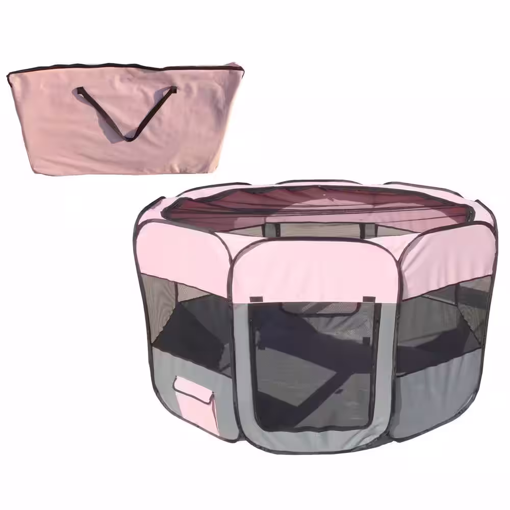 PET LIFE All-Terrain Lightweight Easy Folding Wire-Framed Collapsible Travel Dog Playpen in Pink/Grey - LG
