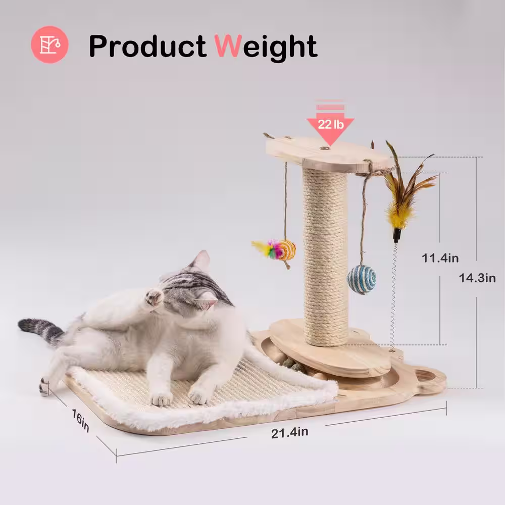 None 21.4 in. x 14.3 in. Wood Cat Ball Toy with Cat Scratching Post and 5 Interactive Balls