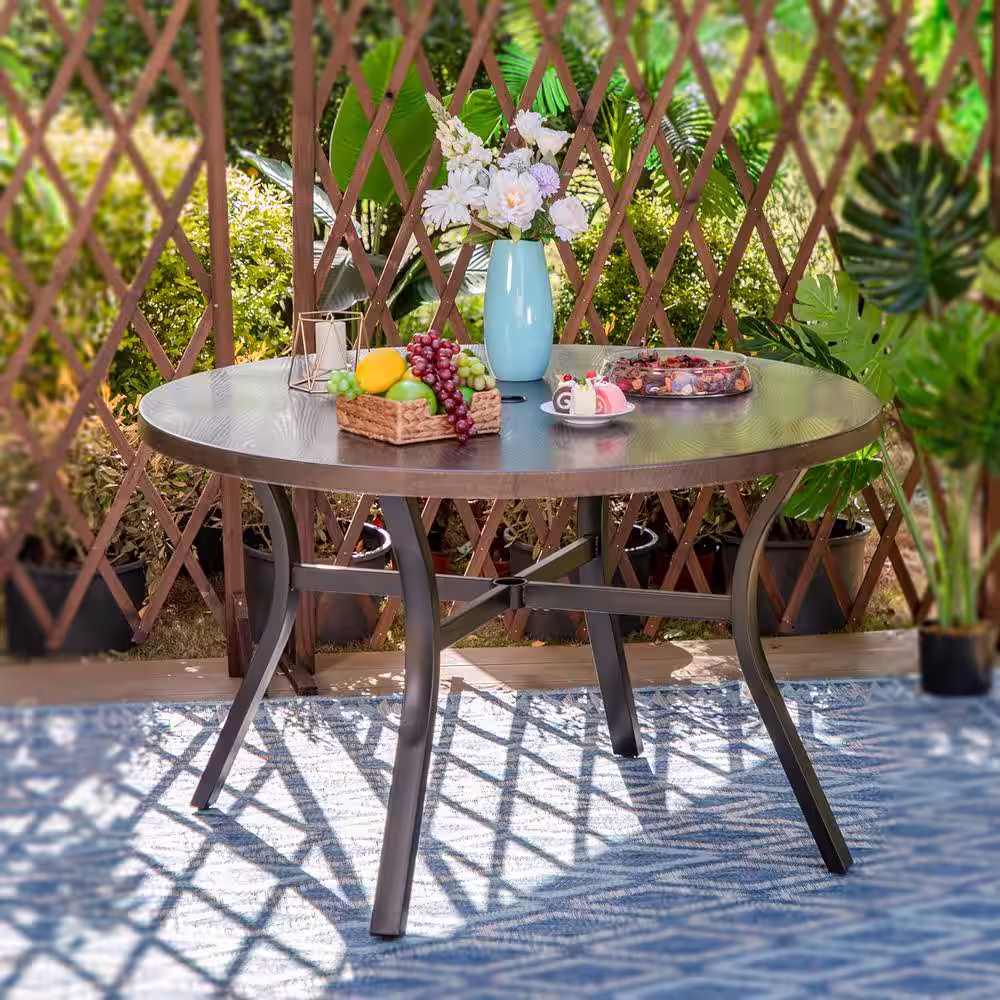 PHI VILLA Black 5-Piece Metal Outdoor Patio Dining Set with Wood-Look Round Table and Padded Textilene Swivel Chairs