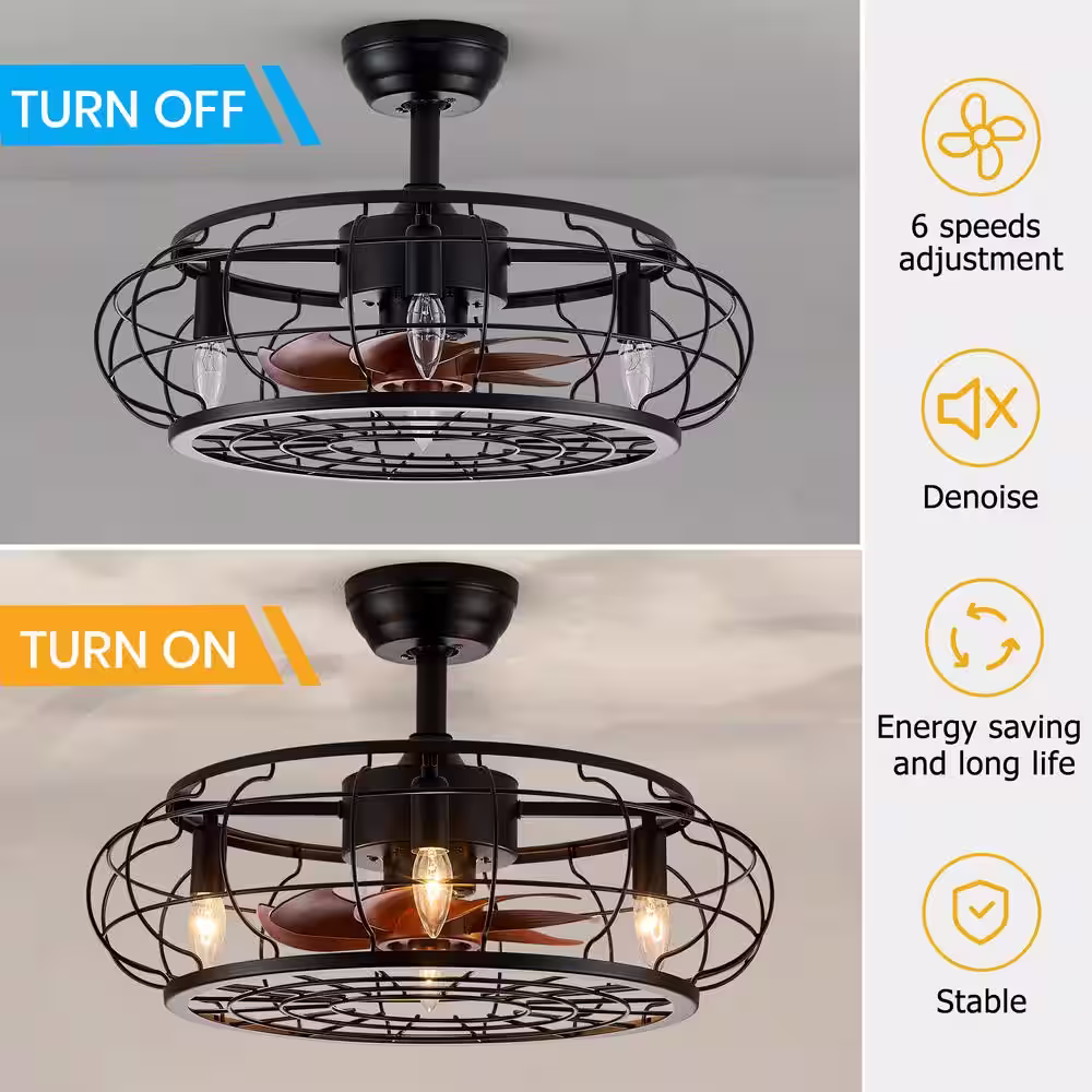 None 23 in. 4-Light Indoor Farmhouse Black Ceiling Fan with Lights Caged Ceiling Fan with Remote and Wood Grain Blades