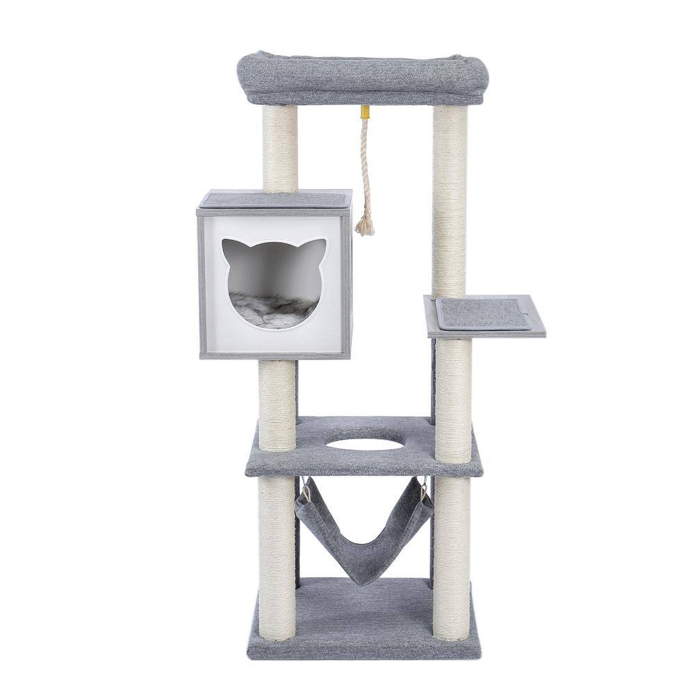 None 52 in. H Cat Tree Cat Tower with Condo and Hammock in Gray