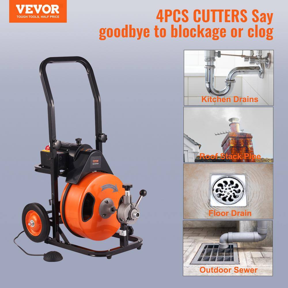 VEVOR Drain Cleaning Machine 75 ft. x 1/2 In. Sewer Snake Machine Drain Auger Cleaner w/4 Cutter fit 1 in. to 4 in. Pipes