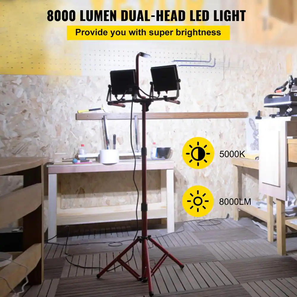 VEVOR IP65 Waterproofed Work Light 8000 Lumens Dual-head LED Jobsite Lighting with Adjustable and Foldable Tripod Stand