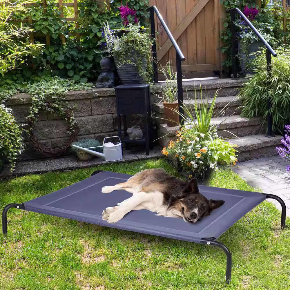 ANGELES HOME Large Dark gray Indoor Outdoor Camping Steel Frame Elevated Pet Cot Mat Lounge Bed