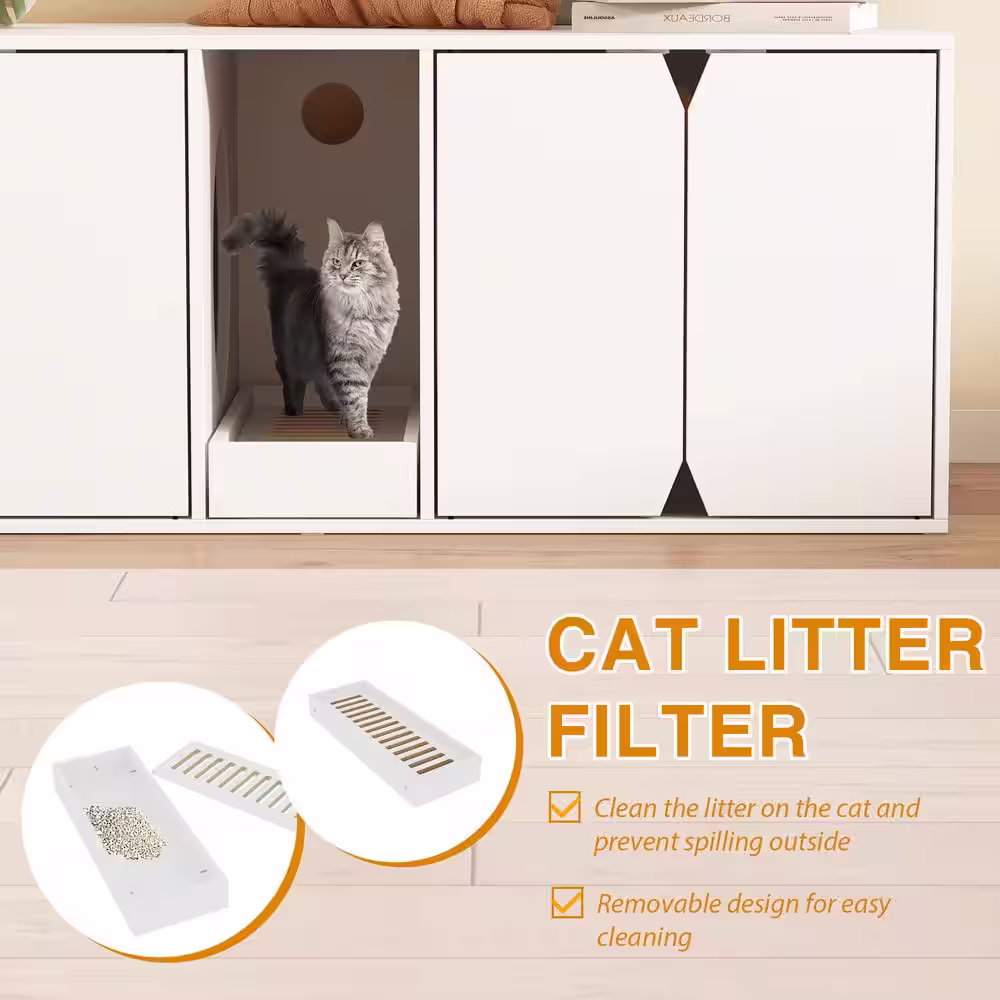 None Cat Litter Box Enclosure Furniture for 2 Cats, Large Modern Wooden 4-door Cat Washroom with Double Room and Litter Catch