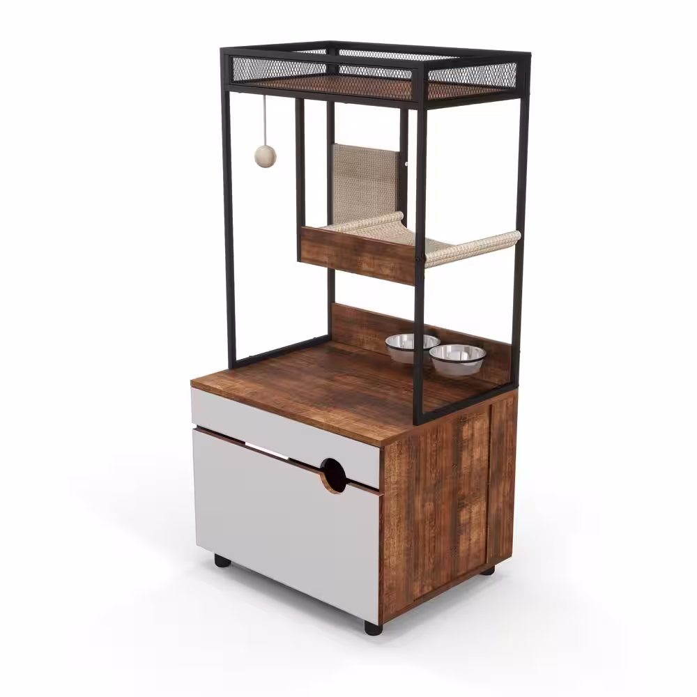 Runesay Brown Hidden Cat Litter Box Enclosures Cat Tree Tower Cat Furniture Large Storage Space Scratching Posts and Trees