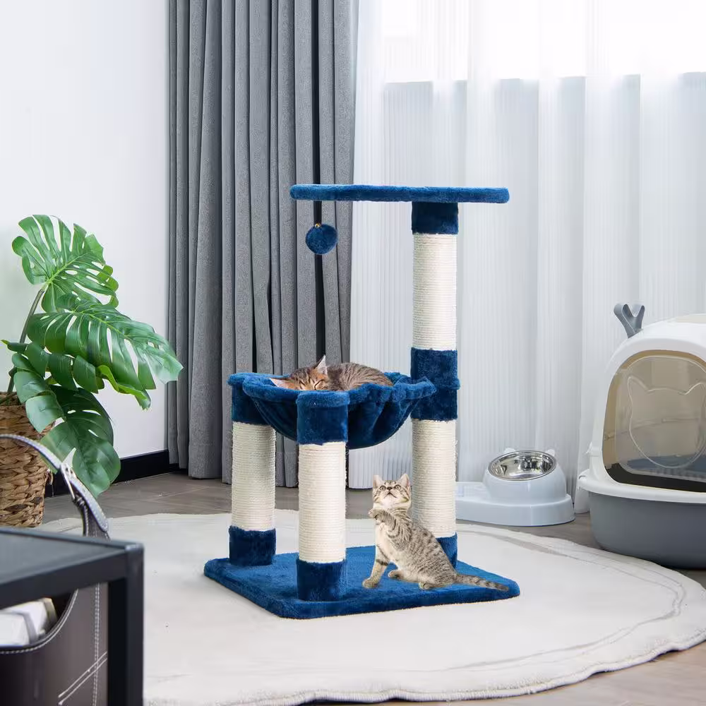 ANGELES HOME Blue Wood Multi-level Cat Tree with Scratching Posts and Cat Hammock