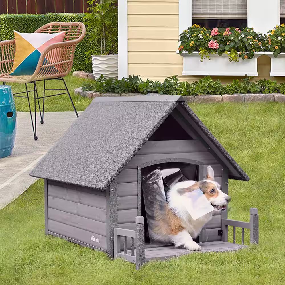 None Outdoor Dog House with Porch: Strong Iron Frame, Gray