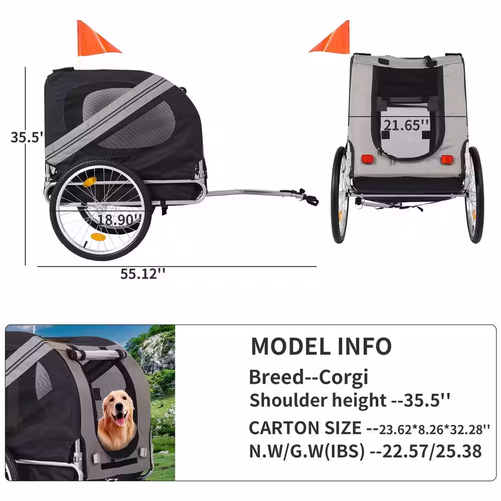 None Outdoor Heavy-Duty Foldable Utility Pet Stroller Dog Carriers Bicycle Trailer in Grey - Medium