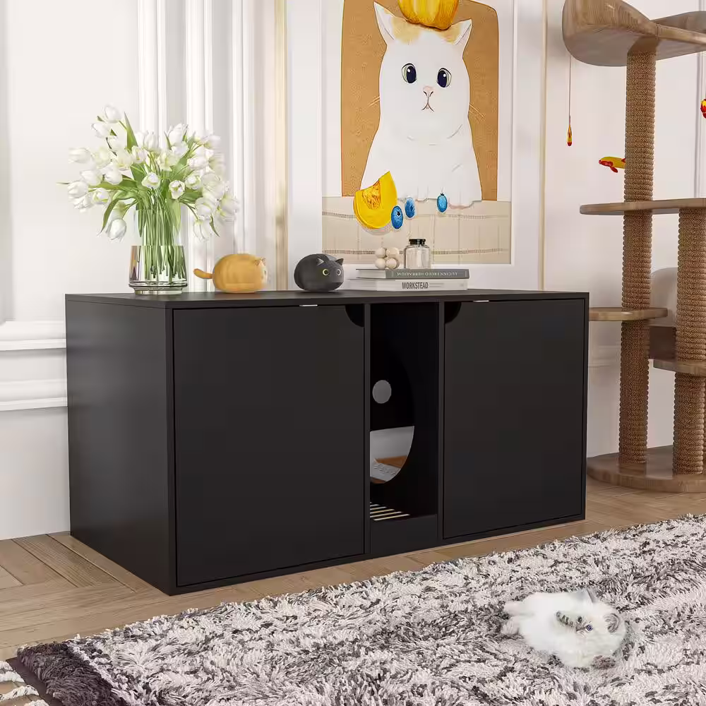 None Modern Cat Litter Box Enclosure for 2 Cats, Large Wood Stackable Cat Washroom Cabinet Bench End Table Furniture, Black