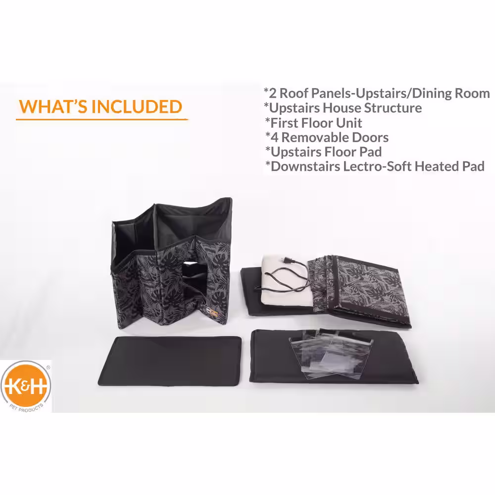 K and H Pet Products Outdoor Heated 2-Story Kitty House with Dining Room Gray Leaf Print Medium