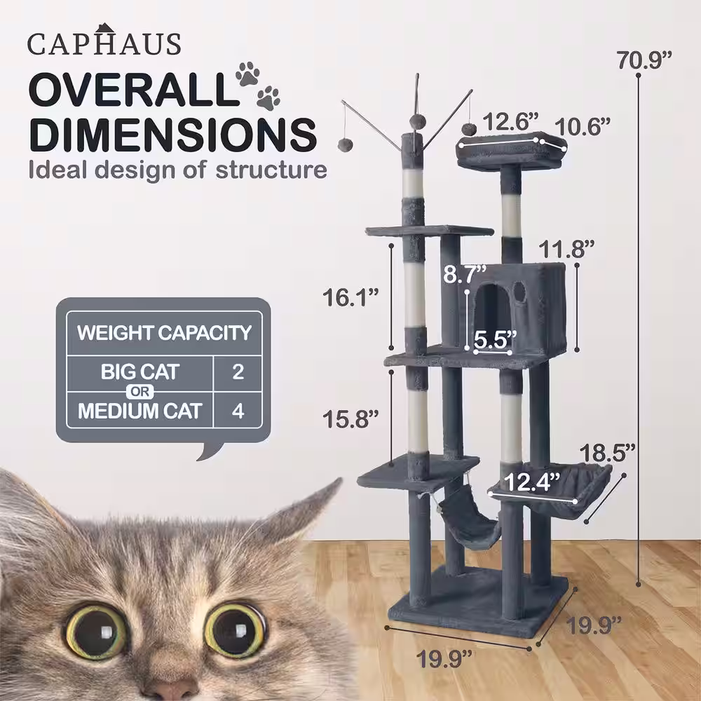 None 70 in. Dark Grey Cat Tower for Indoor Cats, Multi-Level Cat Activity Tree with Scratching Posts, Basket, Cave Condo