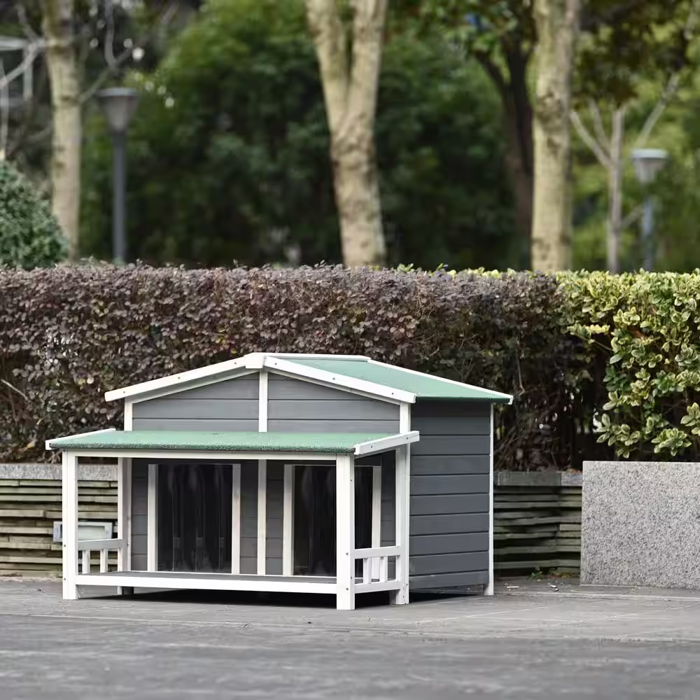 None 47.2 in. W Large Wooden Dog House Outdoor Indoor Dog Crate Cabin Style with Porch 2-Doors in Gray And Green