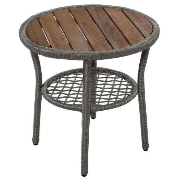 None Gray 3-Piece Aluminum Frame Outdoor Bistro Set Woven-Rope with Beige Cushions and Wood Tabletop, 2 Chairs and 1 Table