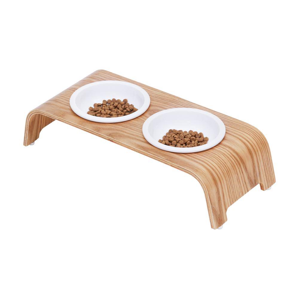 TEAMSON PETS Billie 4.5 in. Tall Elevated Ash Wood Pet Food and Water Feeder Stand with Non-Slip Grips and Ceramic Safe Bowls, Brown